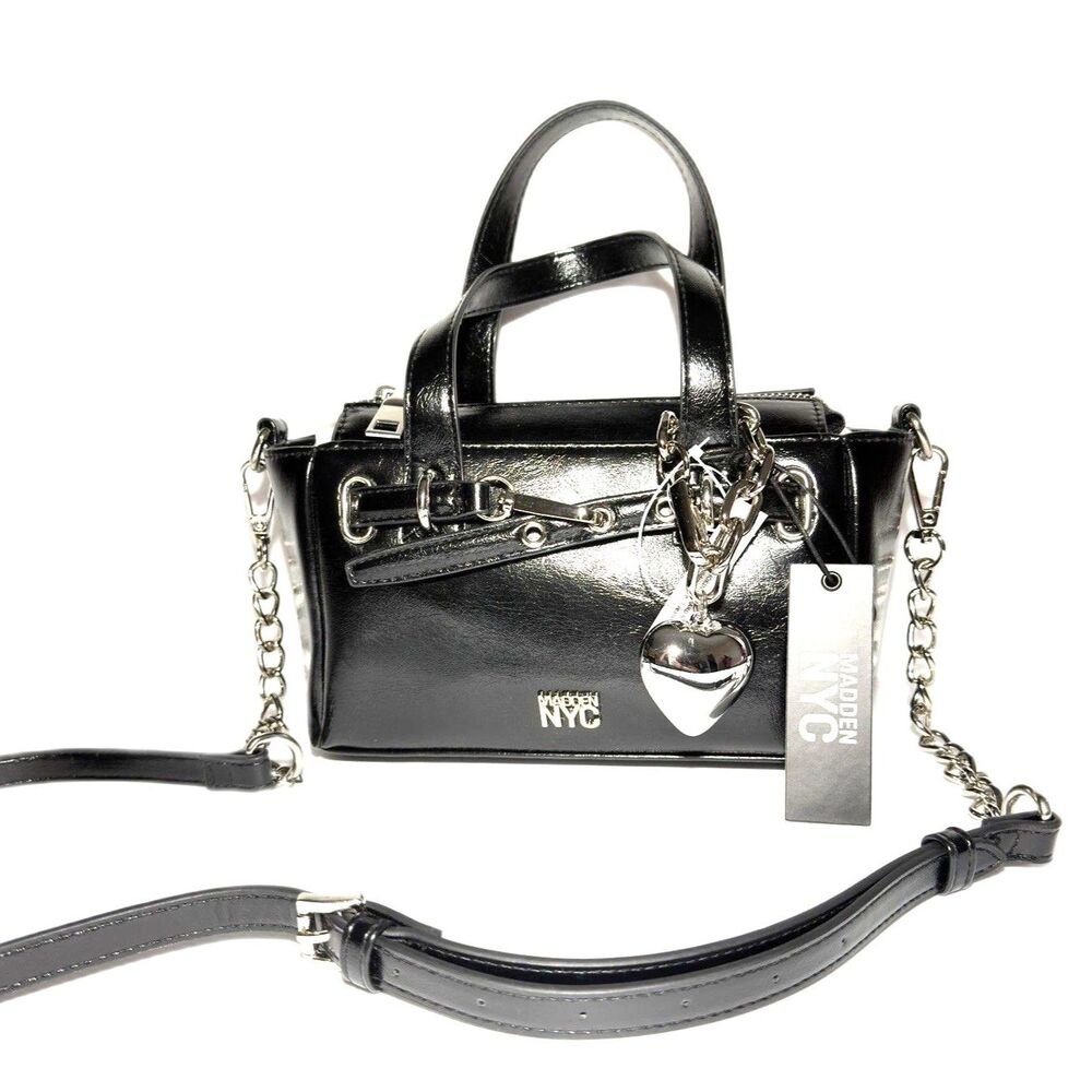 Madden NYC Clip Belt Satchel Black Crossbody Bag Silver Heart Charm 8x5 in NWT